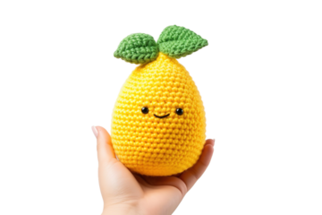 Holding Sunshine: A Crocheted Lemon in Hand on White or PNG Transparent Background.