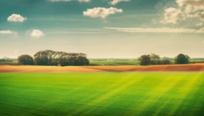 Vibrant green field with a line of trees in the distance Serene countryside landscape on a sunny day summer meadow, showcasing an expanse of green grass, a bright blue sky adorned with soft clouds 