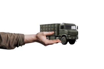 Miniature Military Mission: Holding the Toy Army Truck on White or PNG Transparent Background.