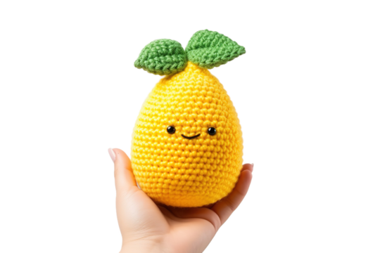 Holding Sunshine: A Crocheted Lemon in Hand on White or PNG Transparent Background.