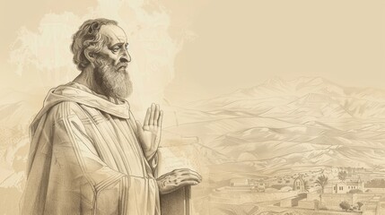 Fototapeta premium Biblical Illustration of St. Barnabas Preaching with Ancient Cyprus Background, Beige Background, Copyspace