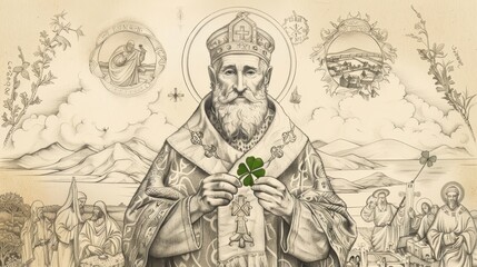 Fototapeta premium Biblical Illustration of St. Patrick Holding Shamrock with Irish Landscapes and Missionary Symbols, Beige Background, Copyspace
