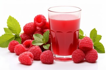 Fresh raspberries and raspberry juice in a glass on a white background for a vibrant display