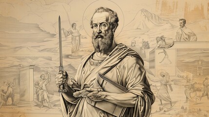 Biblical Illustration of St. Paul Holding Book and Sword, Missionary Journeys, Spread of Christianity, Beige Background, Copyspace