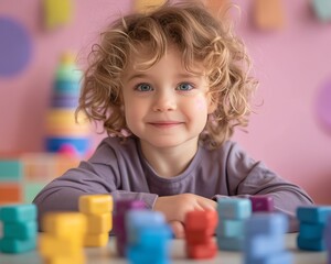 Smiling 4yearold exploring Montessori products, fascinated gaze, soft purple pink background, clear and bright image quality