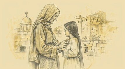 Fototapeta premium Biblical Illustration of St. Anne Teaching Virgin Mary in 1st-Century Jewish Household, Beige Background, Copyspace