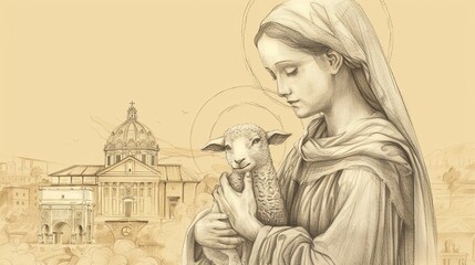 Biblical Illustration of St. Agnes of Rome Holding Lamb in Ancient Rome, Beige Background, Copyspace