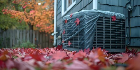 Home HVAC maintenance AC unit protected for winter with fall cover. Concept HVAC Maintenance, AC Unit Protection, Winter Prep, Fall Cover Storage