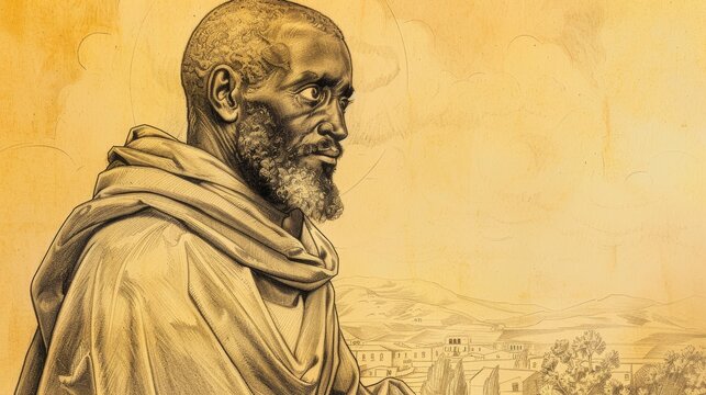Biblical Illustration of St. Benedict the Moor in Humble Setting with Sicilian Countryside Background, Beige Background, Copyspace