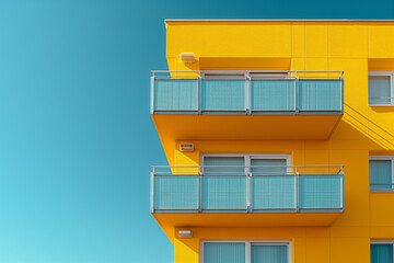 Modern yellow apartment building with balconies and blue sky background, showcasing contemporary architecture and vibrant exterior design.