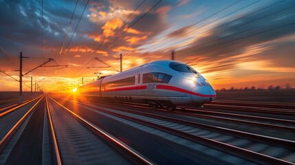 Fototapeta premium High Speed Train Rushing Through Picturesque Countryside at Dramatic Sunset