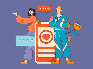 Virtual characters social communication concept business flat vector hand drawn illustration
