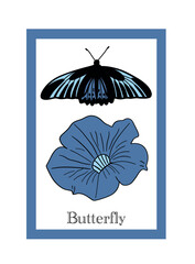 Blue petunia and monarch seventh butterfly poster flat design