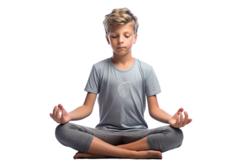 Zen Blossom: A Young Boy Embracing Stillness on White or PNG Transparent Background.