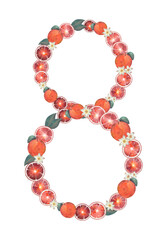 Number Eight with Fruit and Blossoms, citrus fruits and floral elements in a creative design