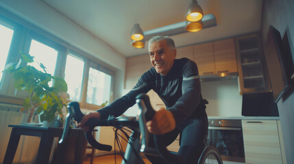 Senior man cycling indoors on a stationary bike, smiling.