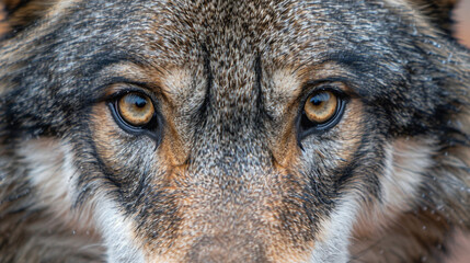 Fototapeta premium Mystical Wolf Stare A mesmerizing close-up of a wolf's face capturing the intensity and intelligence in its piercing eyes reflecting the essence of the wild.