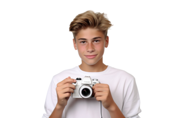 The Curious Lens: A Young Boy Capturing Moments on White or PNG Transparent Background.