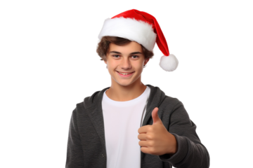 Jolly Young Man in Santa Hat Gives Enthusiastic Thumbs Up on White or PNG Transparent Background.
