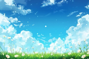 Obraz premium Beautiful anime background, blue sky with clouds, high resolution, vector illustration, details, beautiful background, digital art style, hand drawing painting illustration.