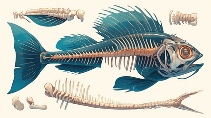 The skeletal system of fish comprises key components like the vertebral column jaws ribs cranium and intricate intramuscular bones as depicted in a detailed cartoon medical illustration