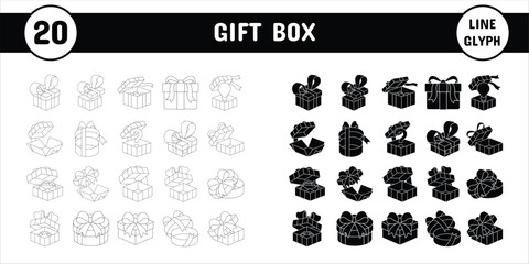 Gift Box Line Glyph Vector Illustration Icon Sticker Set Design Materials