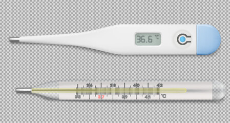 Vector realistic electronic medical thermometer for measuring. Design template of digital thermometer showing temperature. Top view