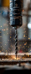 Close-up of a powerful drill in action, creating sparks as it penetrates metal. Perfect for industry, construction, and craftsmanship themes.
