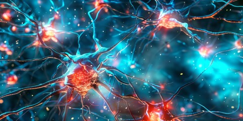 3D illustration conceptual background with neurons and light effects. Copy space. On any background.
