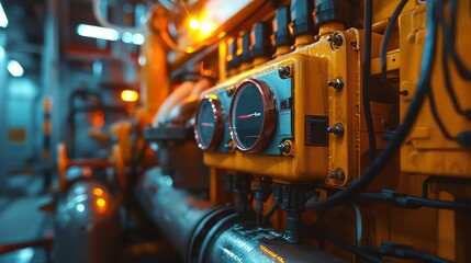 Close-up of industrial machinery with gauges, pipes, and control panel in a factory setting, illuminated by orange lighting.