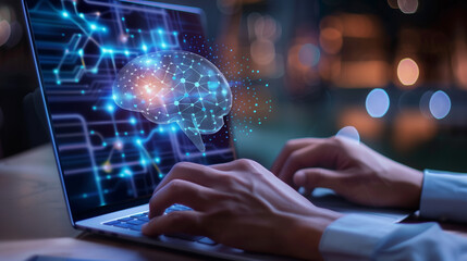 Fototapeta premium A person is typing on a laptop with a brain image on the screen. The image is a representation of the brain and its functions. Scene is one of curiosity