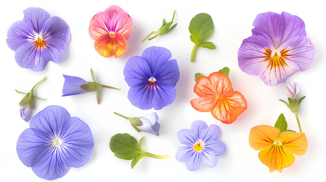 From the top view of Tigirdia,Tropaeolum majus,Viola tricolor,Vinca difformis flowers bloom ornamental isolate on white background