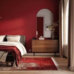 Classic Red Bedroom with Elegant Furnishings and Rich Color Palette, Luxurious and Bold Design