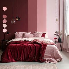 Romantic Pink Bedroom with Luxurious Velvet Bedding and Warm Tones, Cozy and Inviting