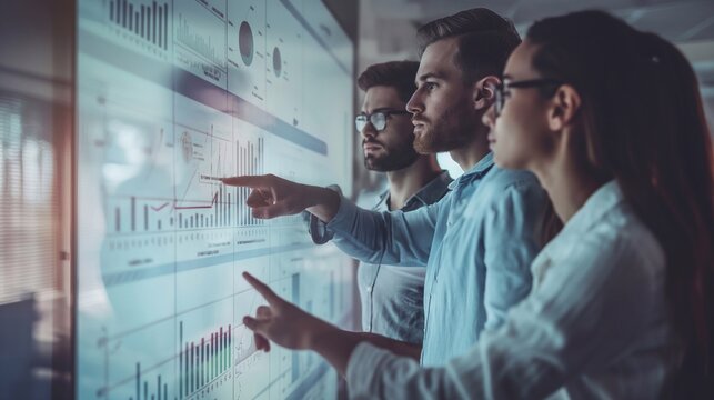 Future-Proofing Business Operations: Team Collaborates with Holographic Interface for Data Analysis and Trade Strategy Formulation - Powered by Adobe