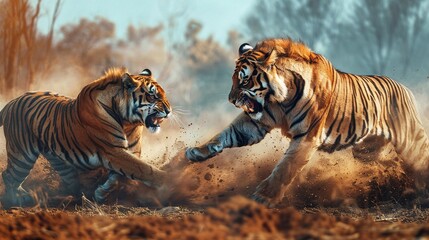 a fight between two tigers in the wild