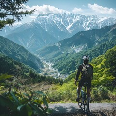 Cyclist Enjoying Panoramic Mountain Vista on Outdoor Adventure