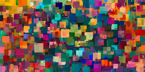 A colorful abstract painting with many different colored squares