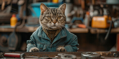 Focused Cat Wearing a Mechanics Uniform Posing in a Workshop