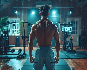 Muscular Fitness Instructor Leading Virtual Workout Session in Gym