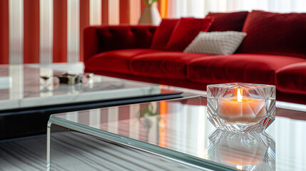 A contemporary faceted glass candle on a sleek glass bench, with a bold red velvet sofa in the...