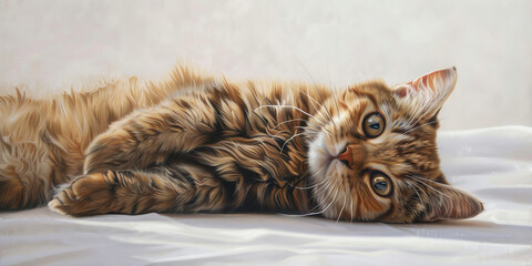 A cat is laying on a white surface with its head tilted to the side - Powered by Adobe
