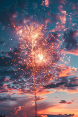 Fototapeta premium Fireworks Bursting in Dusk Sky Reflecting Vibrant Sunset Hues