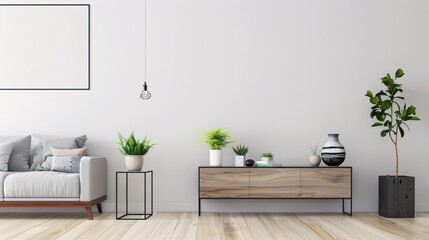 A modern, minimalist Scandinavian living room with white walls and light wood flooring. A sleek wooden sideboard is placed against the wall on one end of an empty space, showcasing a few plants in