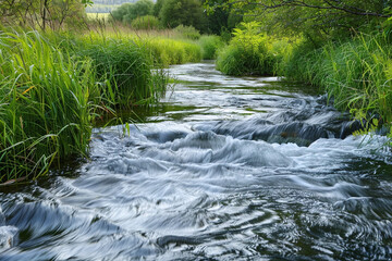 Serene Stream Flowing Through Lush Greenery in a Peaceful Countryside Setting