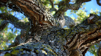Portrait of a Wise Old Tree weathered bark and gnarled branches of a majestic old tree evoking a sense of wisdom and resilience.