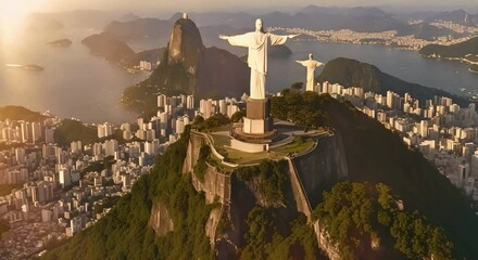 Captivating Footage of Christ the Redeemer in Rio de Janeiro, Brazil. Iconic Statue,  Above the City  Panorama of Rio's Breathtaking Landscape.
