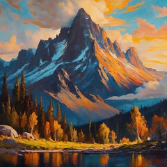 Watercolor pictures of mountain landscapes, pine forests, and streams.