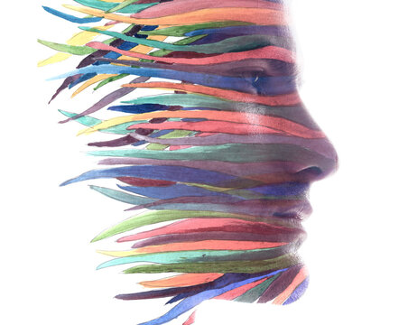 A surreal colorful paintography profile of a man on a white background