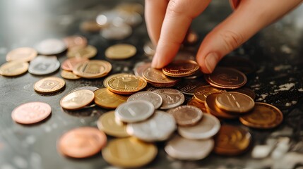 A hand picking up coins from the table, symbolizing money management and financial health.